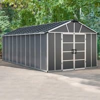 Dark grey plastic shed with gabled roof, double doors, and metal frame, measuring 11' x 21.3'.