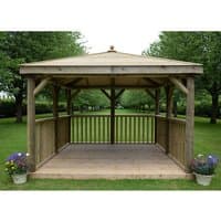Square wooden garden gazebo with traditional timber roof, open sides, and wooden floor, surrounded by greenery.