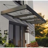 Grey Palram Canopia door canopy with clear panels, metal frame, and wall-mounted design.