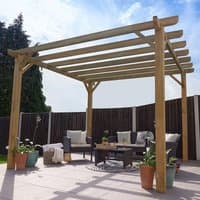 Wooden garden pergola with slatted roof, natural finish, and sturdy posts, set on a patio with outdoor furniture.
