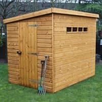 Wooden security garden shed with shiplap cladding, single door, and small rectangular windows on the side.