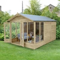 Wooden double door apex summer house with large windows, pitched roof, and natural finish, set in a garden.