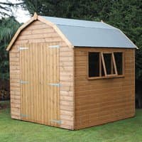 Wooden garden shed with shiplap cladding, Dutch barn roof, double doors, and side window, measuring 12' x 8'.