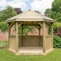 Luxury wooden garden gazebo with a traditional timber roof, hexagonal shape, and open sides, seats up to 10 people.
