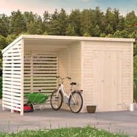 Wooden shed with bike shelter, light wood finish, slatted side panels, flat roof, and double doors, set on a patio.