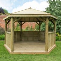 Luxury wooden garden gazebo with timber roof, hexagonal shape, open sides, and seating for up to 15 people.