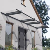 Grey Palram Canopia Nancy 4100 door canopy with clear panels and sleek metal frame, mounted above a doorway.