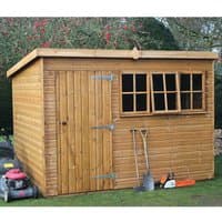Wooden garden shed with shiplap cladding, pent roof, single door, and three front windows, measuring 14' x 8'.