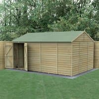 Wooden shed with reverse apex roof, double doors, windowless design, pressure-treated overlap panels, surrounded by trees.
