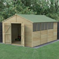 Wooden apex shed with double doors, shiplap cladding, green roof, and side windows, set in a grassy garden.
