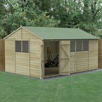 Wooden shed with shiplap cladding, double doors, reverse apex roof, and green felt covering, set on grass.
