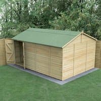 Windowless wooden shed with double doors, reverse apex roof, tongue and groove panels, and pressure-treated timber.