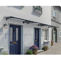 Grey Palram Canopia Altair 4500 door canopy, 15' x 3', sleek design with black brackets over two blue doors.