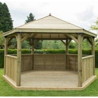 Luxury wooden garden gazebo with timber roof, hexagonal shape, and open sides, set on a grassy lawn.