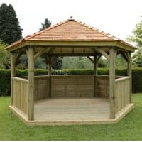 Wooden garden gazebo with New England cedar roof, hexagonal shape, open sides, and wooden floor, seats up to 19 people.