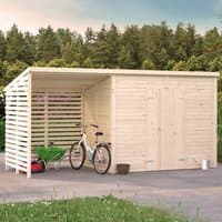 16' x 6' wooden shed with double doors, adjacent bike shelter, light wood finish, slatted side panels, by Palmako.