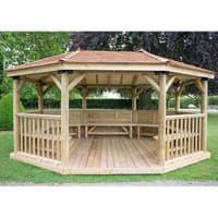 Oval wooden garden gazebo with cedar roof, open sides, and seating for 22 on a wooden platform.