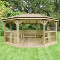Oval wooden garden gazebo with timber roof, open sides, and seating for 22, set on grass with trees in the background.