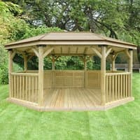 Oval wooden garden gazebo with timber roof, open sides, and seating for 22, set on a grassy lawn.