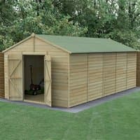 20' x 10' wooden shed, shiplap pressure treated, windowless, double door, apex roof, green surroundings.