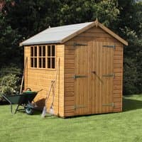 Wooden garden shed with shiplap cladding, apex roof, large double doors, and side windows, measuring 20' x 8'.