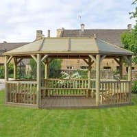 Wooden garden gazebo with timber roof, open sides, and seating for 27 on a grassy lawn.