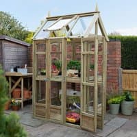 Victorian-style wooden greenhouse with clear panels, triangular roof, and auto vent, measuring 3' x 4'.