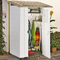 White Shire Tuscany Evo 100 plastic garden storage shed with beige roof, open door, and interior shelves.