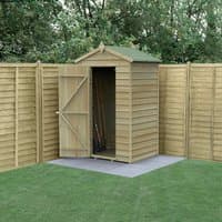 Wooden storage shed with apex roof, overlap panels, windowless design, and single door, set in a fenced garden area.