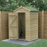 Wooden storage shed, 4' x 3', shiplap pressure treated, windowless, apex roof, natural finish, single door open.