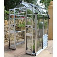 Green Halls Cotswold Birdlip greenhouse, 4' x 4', with toughened glass, silver frame, and sloped roof.