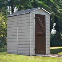 Tan plastic shed with a brown door, gabled roof, and vertical siding, measuring 4' x 6' by Palram Canopia.