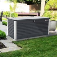 Anthracite metal garden storage box with ribbed sides, flat lid, and silver corner accents.
