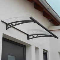 Grey Palram Canopia door canopy with curved clear panel and black metal supports, mounted above a modern doorway.