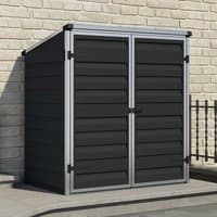 Dark grey Palram Canopia Voyager shed with double doors, silver frame, and horizontal paneling.