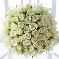 Bouquet of 50 white roses with lush green stems, arranged in a tight, circular formation.