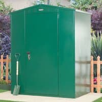 Green Asgard Flexistore 1511 metal shed with single door, key lock, and sloped roof, set on a concrete base.