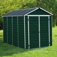 Green plastic shed with apex roof, silver frame, and double doors, measuring 6' x 10'.