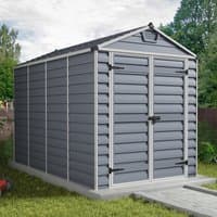 Grey plastic shed with skylight, 6' x 10', featuring double doors, horizontal paneling, and a gabled roof.