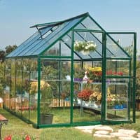 Green-framed polycarbonate greenhouse with clear panels, pitched roof, and open door, showcasing plants inside.