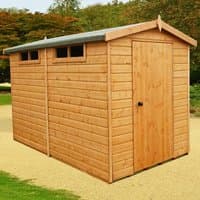 Wooden garden shed with apex roof, natural finish, single door, and two small windows near the roofline.