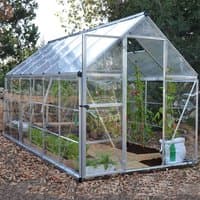 Silver polycarbonate greenhouse with clear panels, sloped roof, and metal frame, housing plants inside.