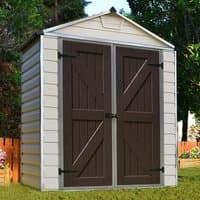 Tan plastic shed with dark brown double doors, gable roof, and vertical paneling, by Palram Canopia, 6' x 3'.