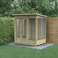 Wooden pent summer house with double doors, large windows, and a flat roof, set against a garden backdrop.