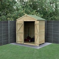Wooden shed with double doors, apex roof, shiplap cladding, pressure-treated, windowless, set on grass with fencing.