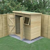 Wooden pent shed with double doors, side window, tongue and groove panels, pressure treated, set on a concrete base.