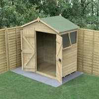 Wooden apex shed with double doors, green roof, and side window, set on a concrete base in a garden.