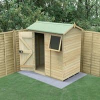 Wooden reverse apex shed with tongue and groove panels, single door, and window, set on a concrete base in a garden.