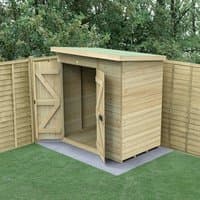 Wooden windowless pent shed, 6'x4', tongue and groove panels, double doors, pressure treated, set on grass.