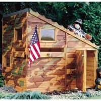 Wooden garden playhouse with camouflage paint, American flag, and slanted roof, designed as a children's command post.